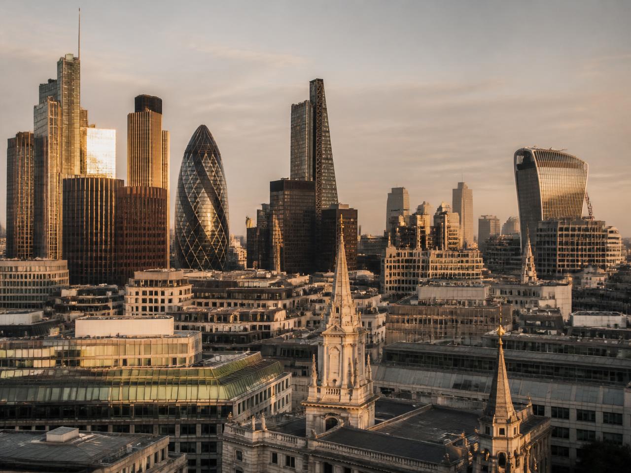 The City of London financial district skyline at golden hour